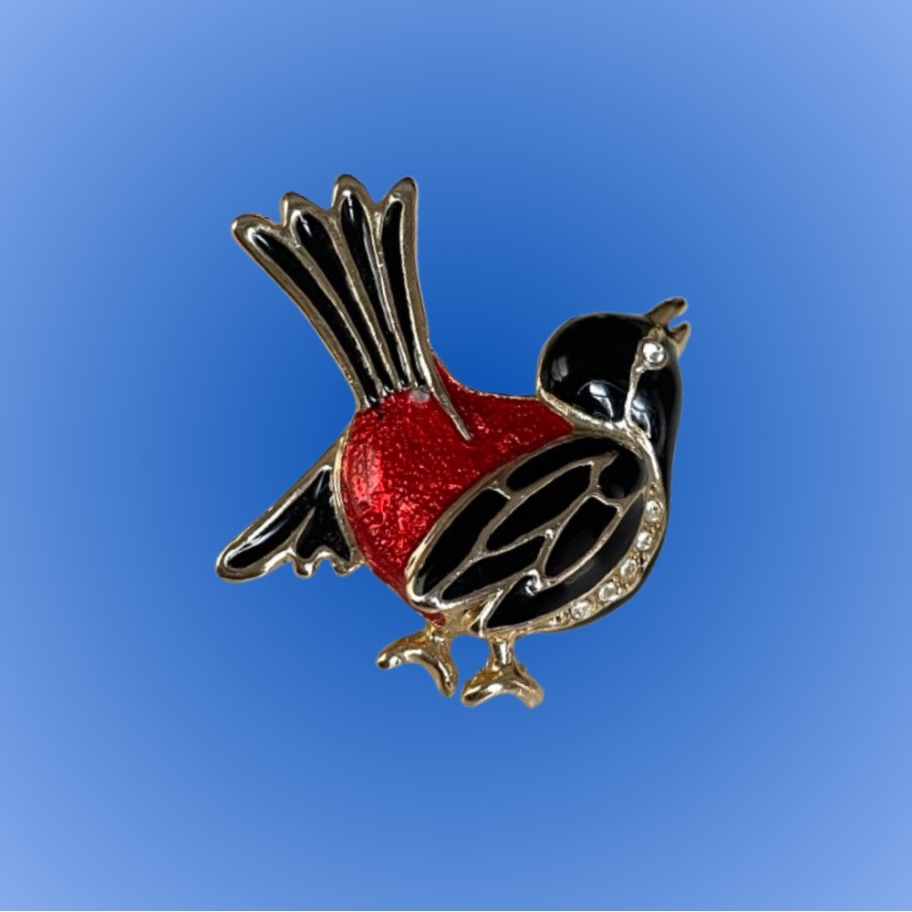 Vintage goldtone & enamel black bird brooch w/ rhinestones